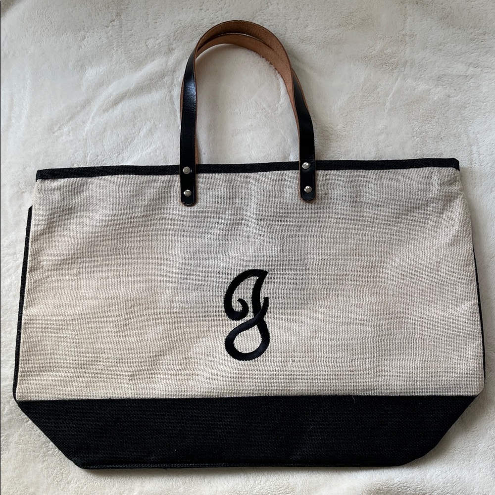 Burlap Embroidered “J” tote